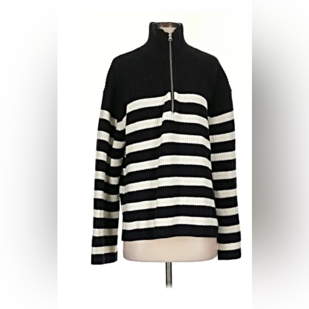 & Other Stories Black and White Striped Half-Zip Turtleneck Sweater